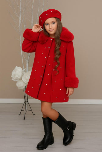 Girls 3 Piece Set Dress Coat & Hat - Red