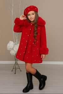 Girls 3 Piece Set Dress Coat & Hat - Red