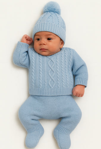 Baby Boys Cable Knitted Set with Pom-Pom Hat - Baby Blue