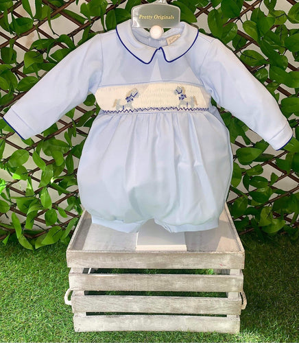 Pretty Originals Boys Smocked Horse Romper - Blue