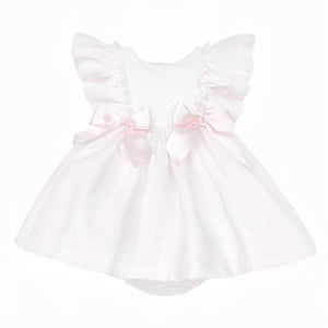 WEE ME BABY GIRL PINK WAFFLE PUFF BALL FRILLY SHOULDER DRESS WITH PANTS