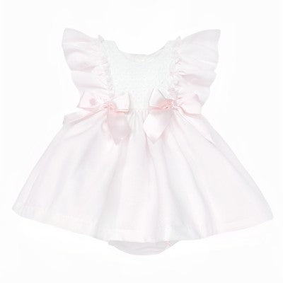 WEE ME BABY GIRL PINK WAFFLE PUFF BALL FRILLY SHOULDER DRESS WITH PANTS