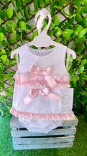 Load image into Gallery viewer, WEE ME BABY GIRL WHITE COTTON DRESS PINK LACEY DETAILS WITH PANTS