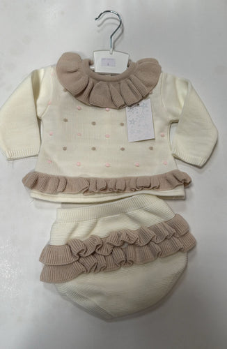 Baby Girls Knitted 2 Piece Jam Pant Set - Cream/Camel