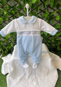 Baby Boys Smocked Velour White & Blue