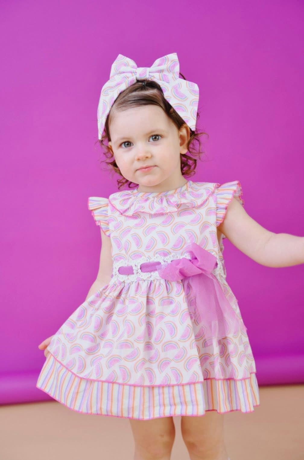Babine Baby Girls Melon Dress, Nickers & Bonnet Set