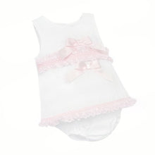 Load image into Gallery viewer, WEE ME BABY GIRL WHITE COTTON DRESS PINK LACEY DETAILS WITH PANTS