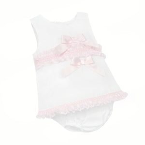 WEE ME BABY GIRL WHITE COTTON DRESS PINK LACEY DETAILS WITH PANTS
