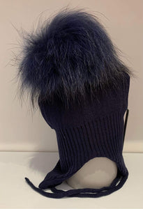 Bow Boutique Real Fur Pom Pom Hat - Navy