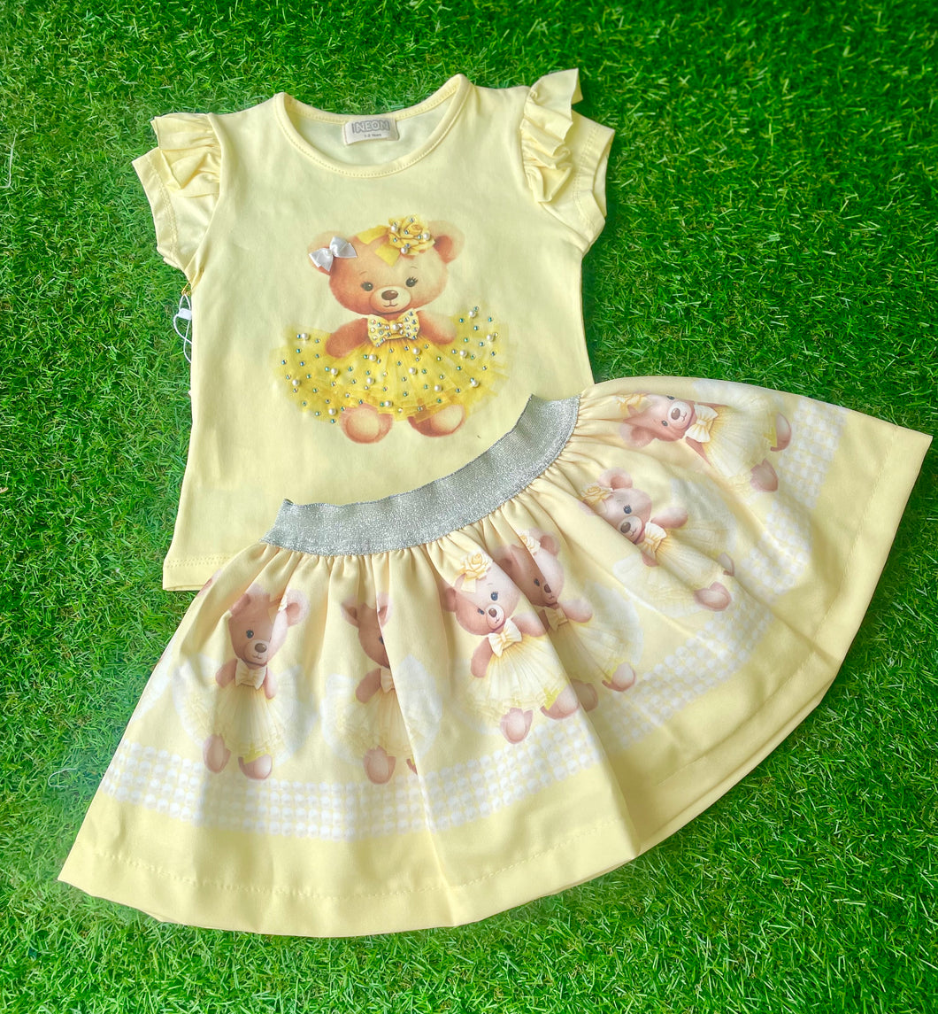 Girls Neon Teddy Bear Skirt Set - Lemon