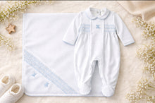 Load image into Gallery viewer, Deolinda Baby Boys Confetti Bunny Smoked Blanket &amp; Baby Grow - White &amp; Baby Blue
