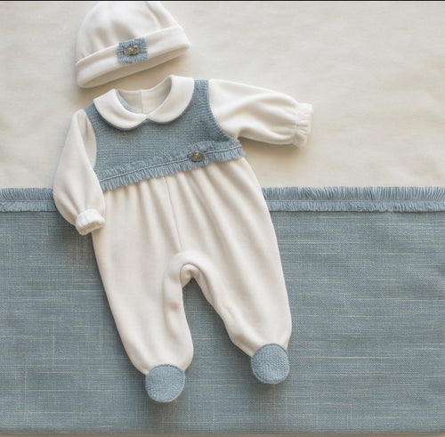 Chic By Deolinda Baby Girls 3 Piece Hospital Set               Blanket, Baby Grow & Hat in Tweed Blue & White