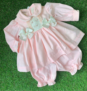 Pretty Originals Girls Double Bow Bloomer Set - Pink & Cream