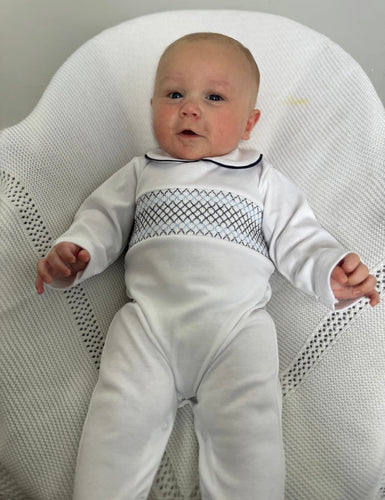 Baby Boys White Smocked Velour Baby Grow