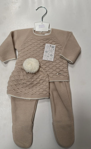 Baby Boys Knitted 2 Piece Set with Pom-pom Hat - Camel