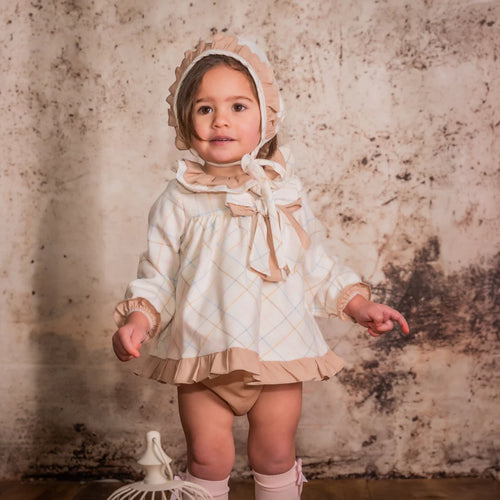 Babine Baby Girls Checked Dress & Nickers - Cream & Camel (Bonnet Sold Separately)