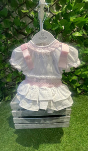 Deolinda Baby Girls Bonbom Smocked Jam Pant Set - White & Pink