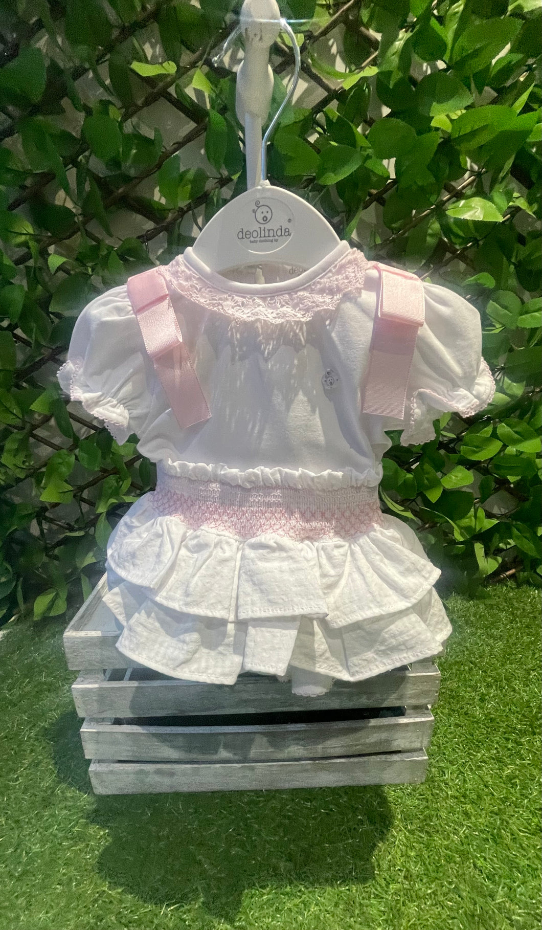 Deolinda Baby Girls Bonbom Smocked Jam Pant Set - White & Pink