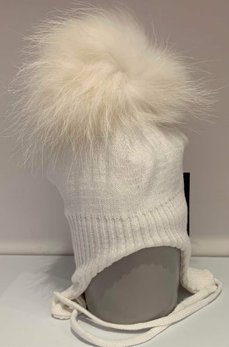 Bow boutique Real Fur Pom Pom Hat - Cream