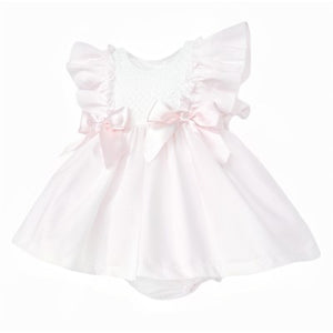 WEE ME BABY GIRL PINK WAFFLE PUFF BALL FRILLY SHOULDER DRESS WITH PANTS