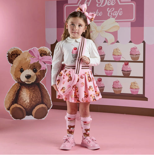 A Dee Girls Teddy Bear Bakery Mabel Bear Print Skirt Set - Snow White