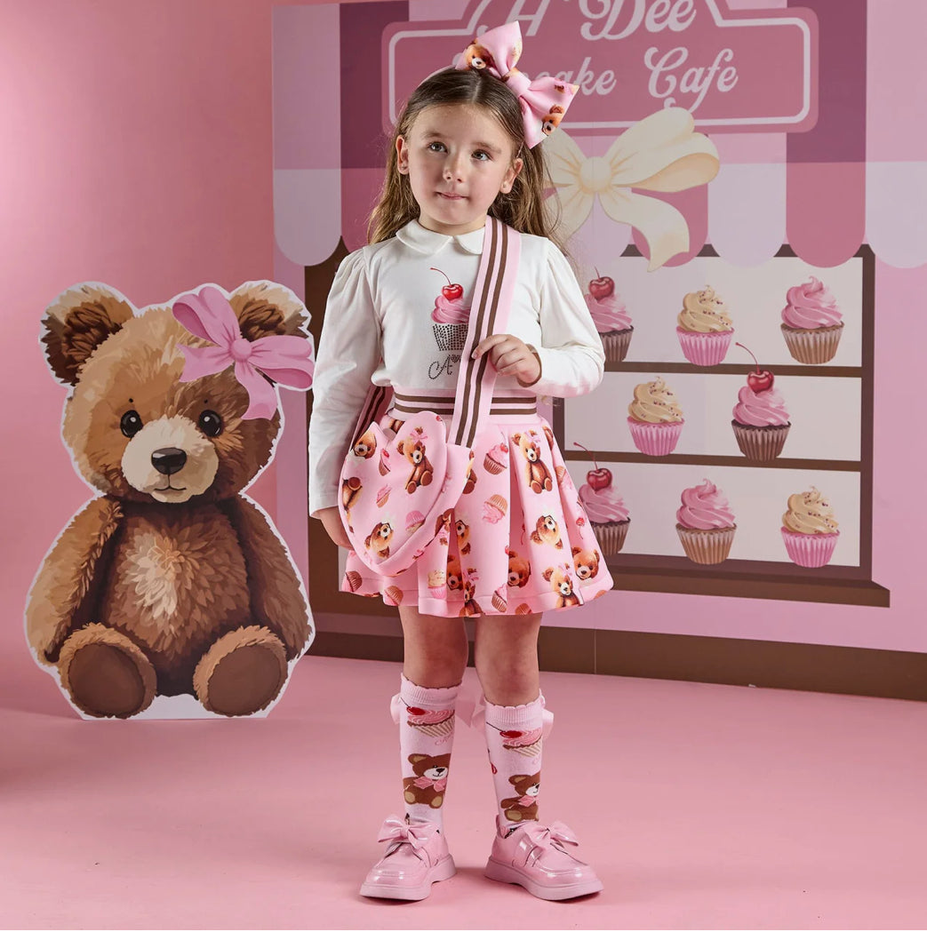 A Dee Girls Teddy Bear Bakery Mabel Bear Print Skirt Set - Snow White