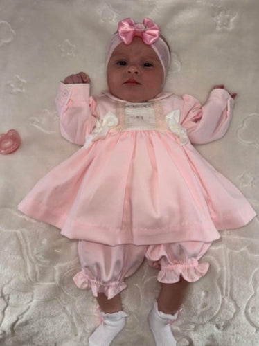 Pretty Originals Girls Pink Rose Double Bow Dress & Blommers with Headband