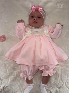 Pretty Originals Girls Pink Rose Double Bow Dress & Blommers with Headband