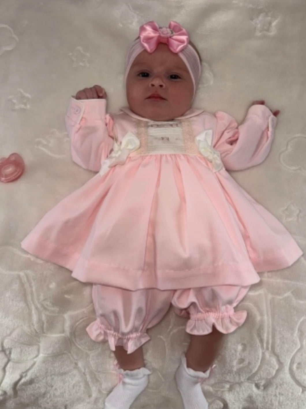 Pretty Originals Girls Pink Rose Double Bow Dress & Blommers with Headband