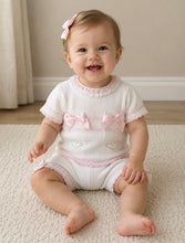 Load image into Gallery viewer, Little  Stars Girls Knitted Bow Jam Pant Set - White &amp; Pink