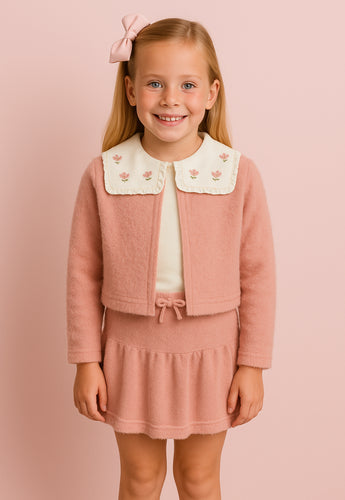 Mayoral Girls 3 Piece Knit Faux Fur Set - Dust Pink