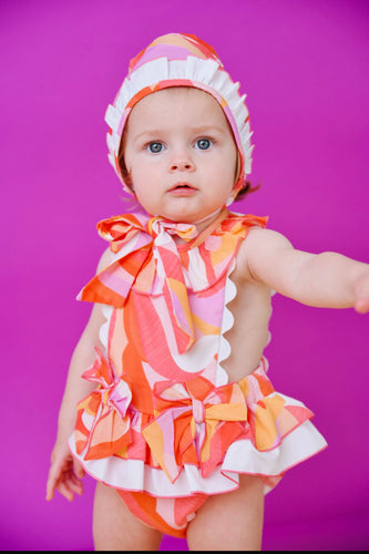 Babine Baby Girls Coral & Orange Abstract Jam Pant Set (Bonnet sold separate )
