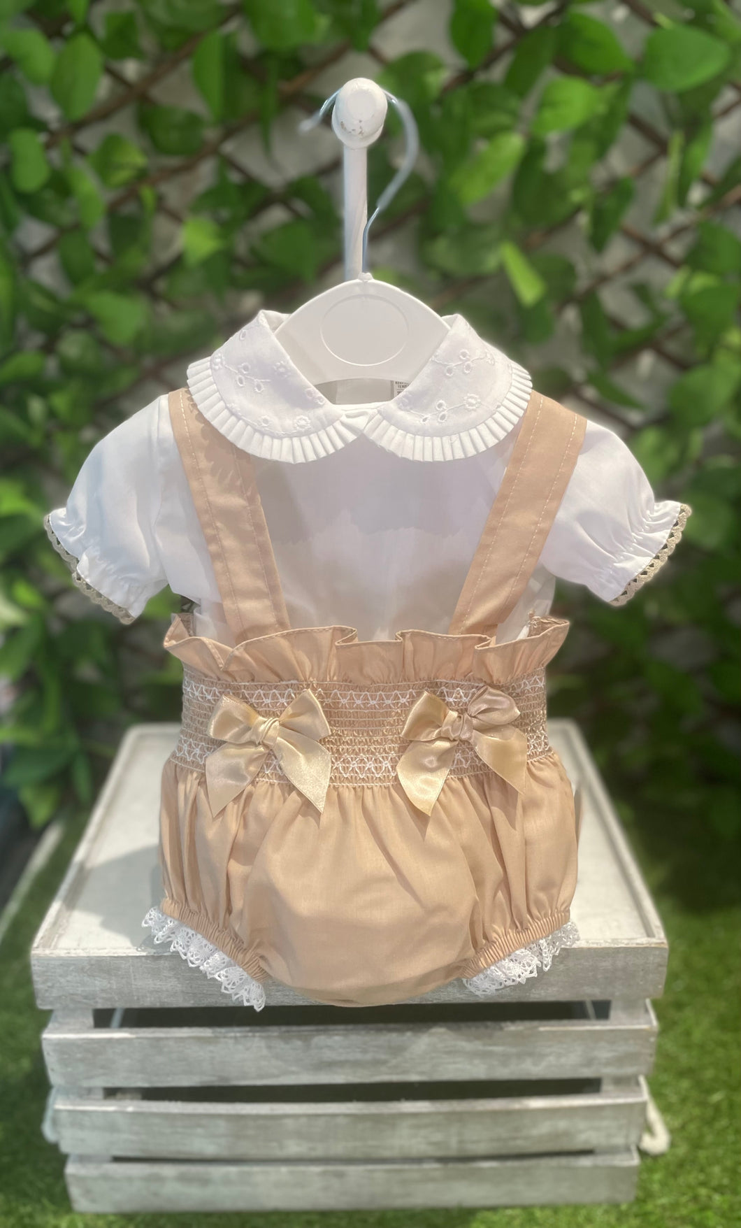 Baby Girls Double Bow Romper - Camel