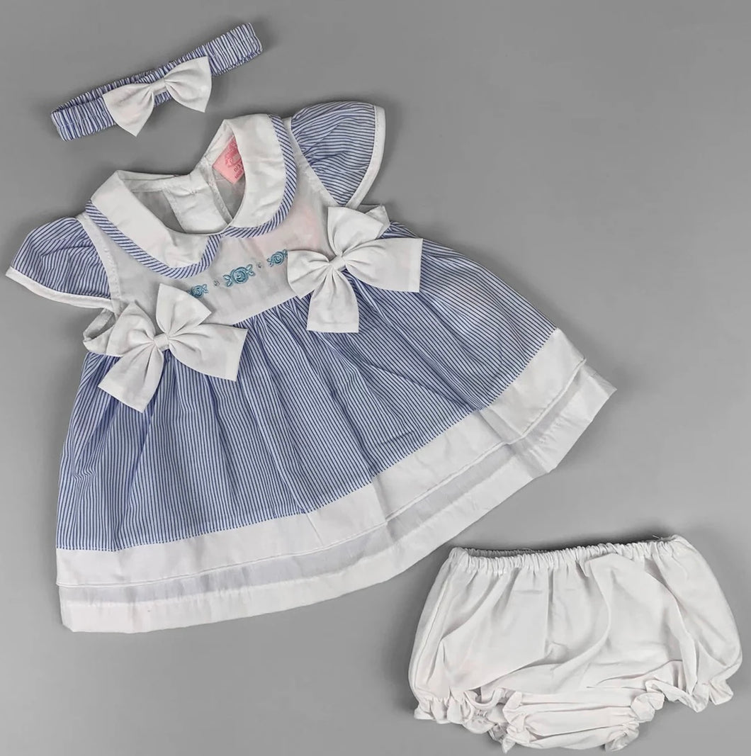 Rock-a-Bye Baby Girl Blue Striped Summer Dress Set – Embroidered Front, Matching Headband