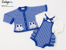 Load image into Gallery viewer, Pre-Order Rahigo Girls EXCLUSIVE 4 Piece Romper Set with Socks in Royal Blue &amp; Cream