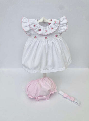 Baby Girls Dress Set with knickers and Headband - White & Pink