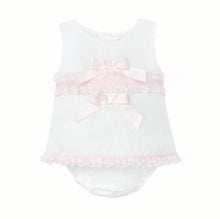 Load image into Gallery viewer, WEE ME BABY GIRL WHITE COTTON DRESS PINK LACEY DETAILS WITH PANTS