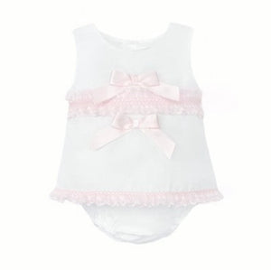 WEE ME BABY GIRL WHITE COTTON DRESS PINK LACEY DETAILS WITH PANTS
