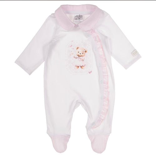Jamiks white & pink frilled teddy bear babygrow