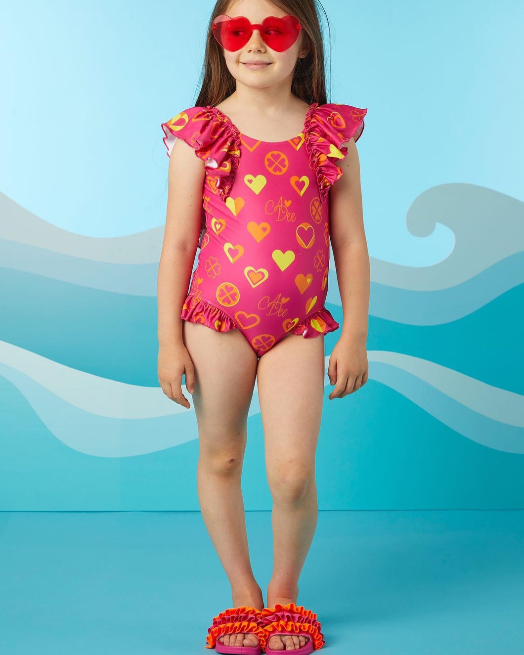 A Dee Dori Block Heart Print Swimsuit - Hot Pink