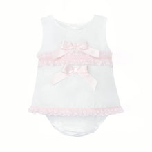 Load image into Gallery viewer, WEE ME BABY GIRL WHITE COTTON DRESS PINK LACEY DETAILS WITH PANTS