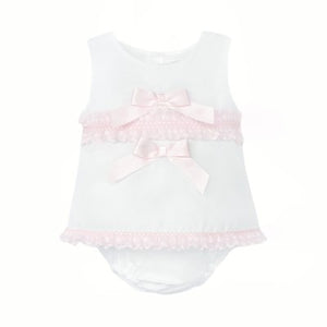WEE ME BABY GIRL WHITE COTTON DRESS PINK LACEY DETAILS WITH PANTS
