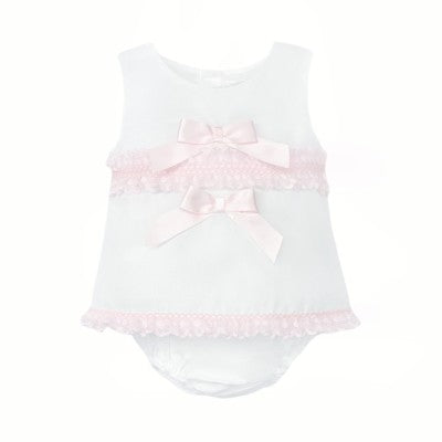 WEE ME BABY GIRL WHITE COTTON DRESS PINK LACEY DETAILS WITH PANTS