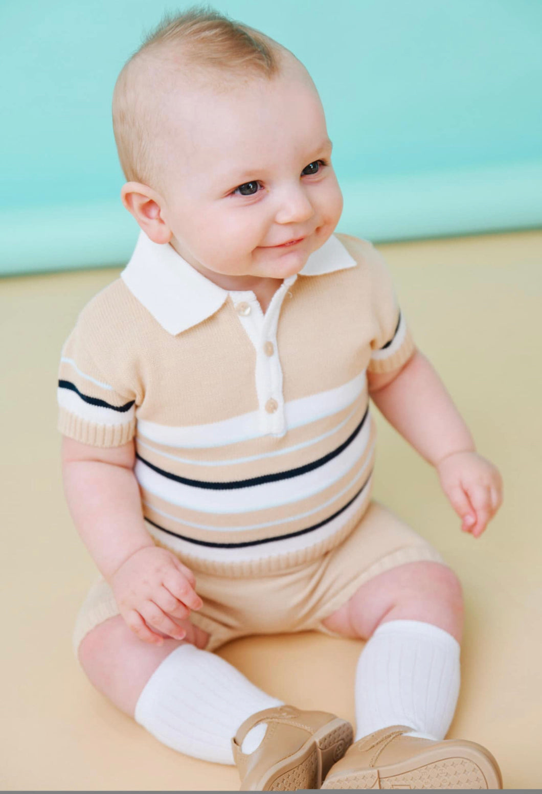 Little Nosh Boys Knitted Stripped Short Set - Camel