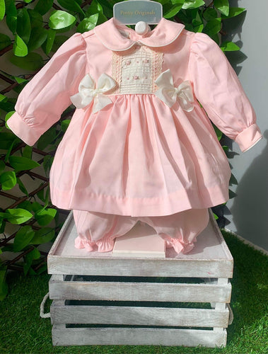 Pretty Originals Girls Pink Rose Double Bow Dress & Blommers with Headband