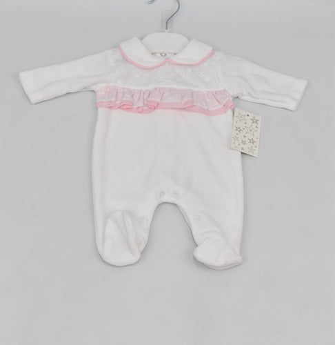 Baby Girls Velour Babygrow -White & Pink