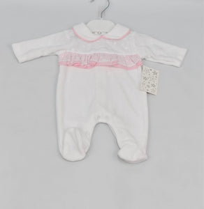 Baby Girls Velour Babygrow -White & Pink