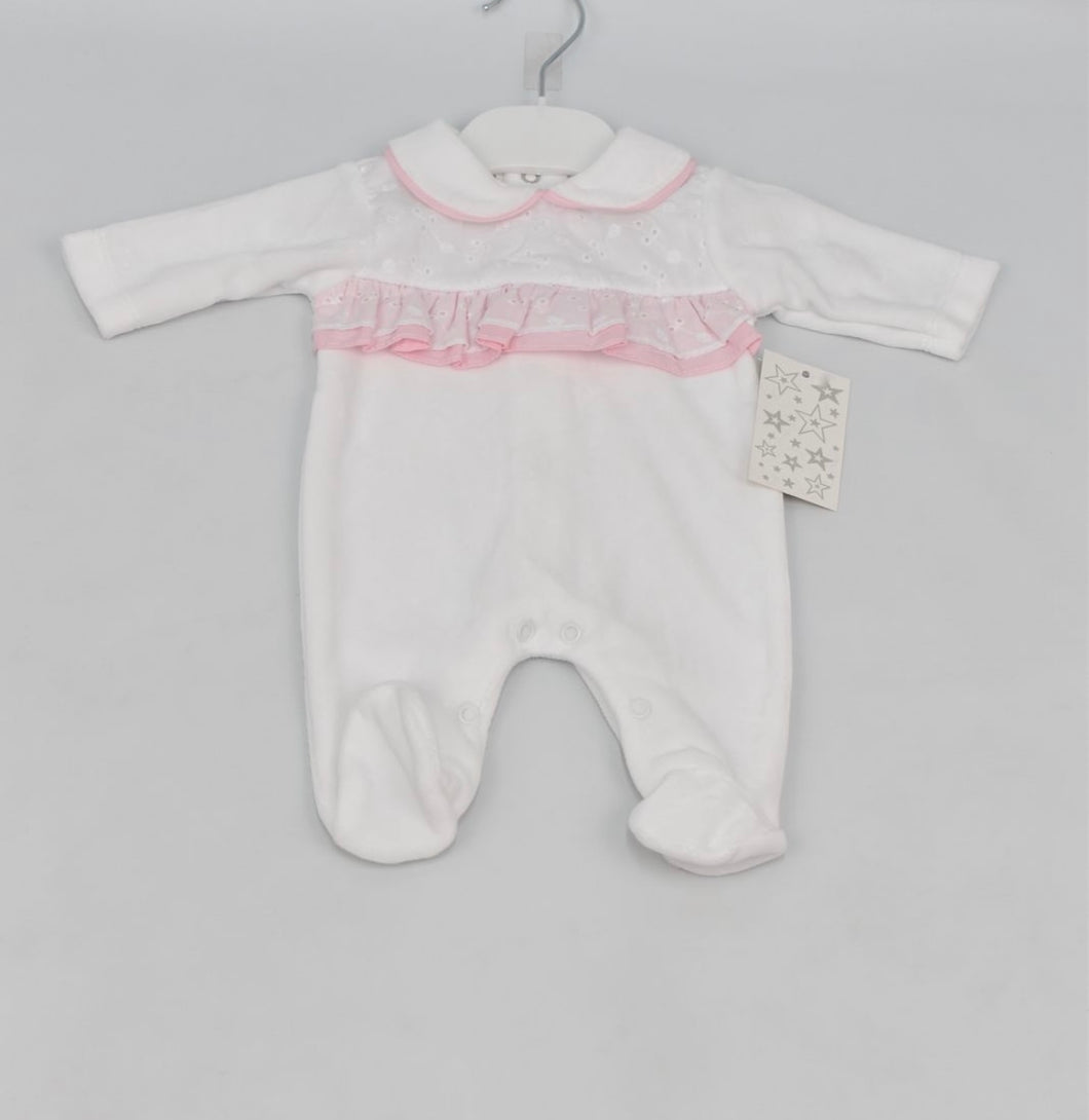 Baby Girls Velour Babygrow -White & Pink