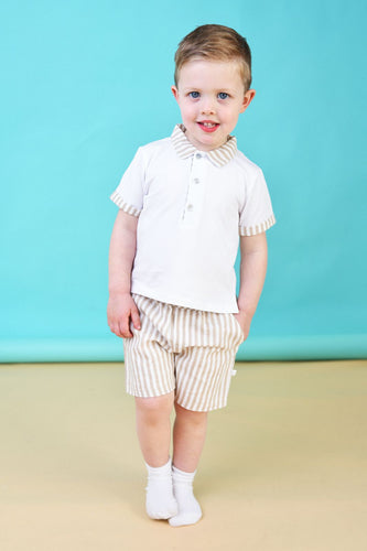 Deolinda Boys Candy Stripe Polo Set - Beige & White