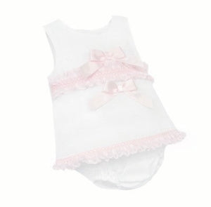 WEE ME BABY GIRL WHITE COTTON DRESS PINK LACEY DETAILS WITH PANTS